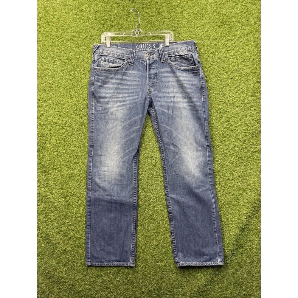 Guess Jeans Mens 38x32 Blue Pasadena Straight Denim Dark Wash Denim Casual